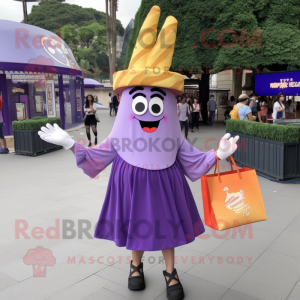 Purple French Fries mascot costume character dressed with a Circle Skirt and Tote bags