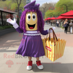 Purple French Fries mascot costume character dressed with a Circle Skirt and Tote bags