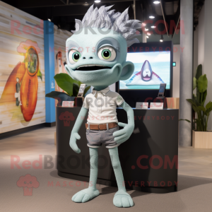Gray Ceviche mascot costume character dressed with a Skinny Jeans and Smartwatches