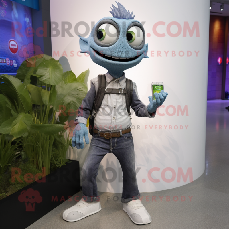 Gray Ceviche mascot costume character dressed with a Skinny Jeans and Smartwatches