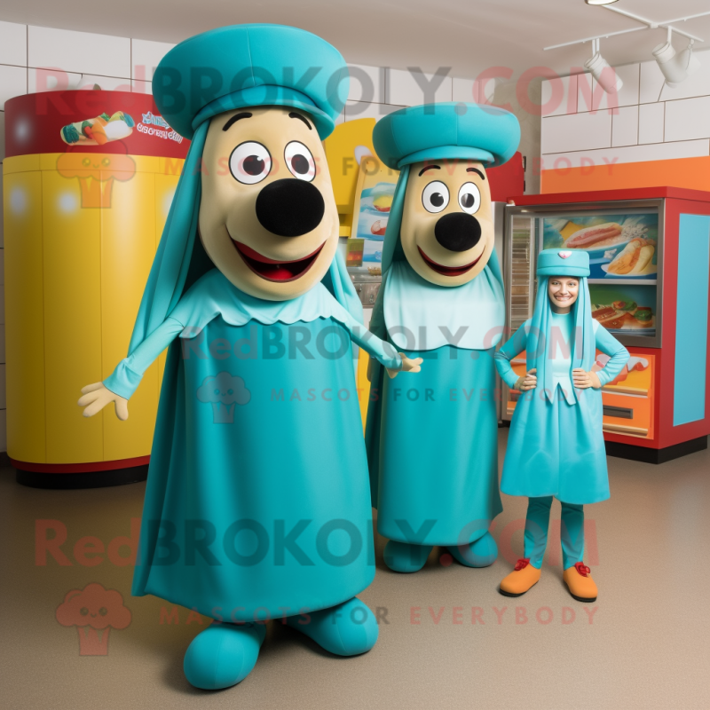 Turquoise Hot Dogs mascot costume character dressed with a Maxi Skirt and Berets