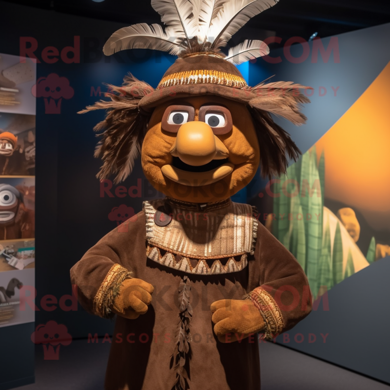 Brown Chief mascot costume character dressed with a Blouse and Wraps