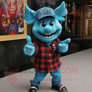 Cyan Devil mascot costume character dressed with a Flannel Shirt and Berets