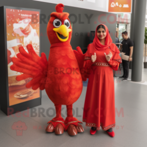 Red Tandoori Chicken mascot costume character dressed with a A-Line Dress and Foot pads