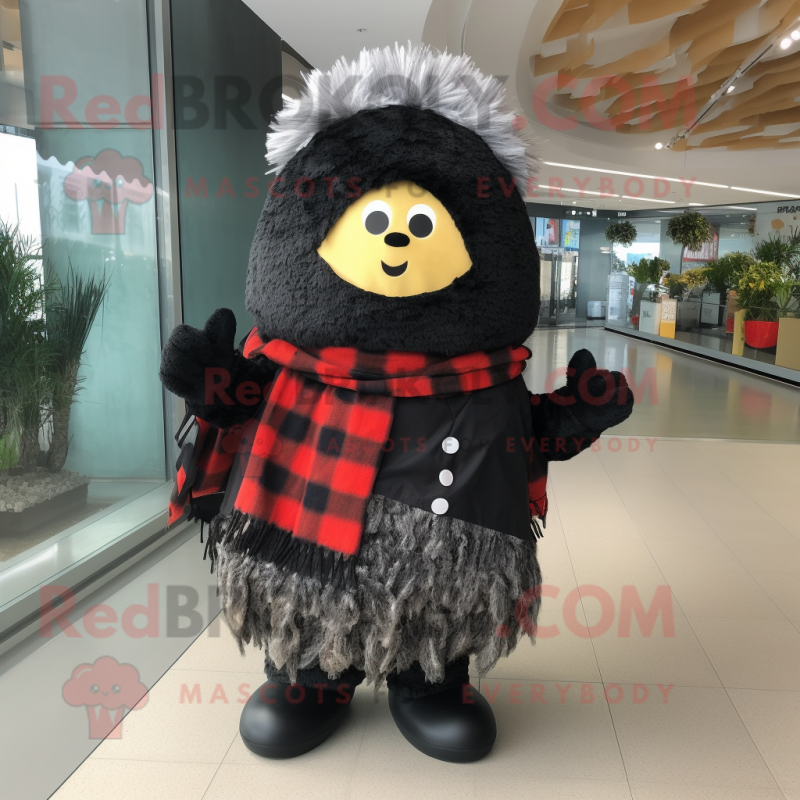 Black Fried Rice mascot costume character dressed with a Flannel Shirt and Scarf clips