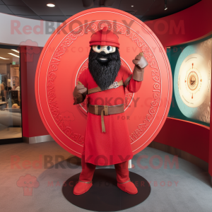 Red Celtic Shield mascot costume character dressed with a Skinny Jeans and Lapel pins