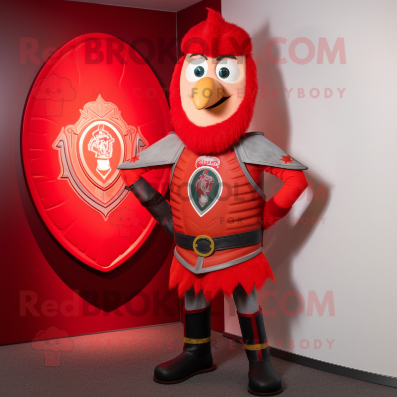 Red Celtic Shield mascot costume character dressed with a Skinny Jeans and Lapel pins
