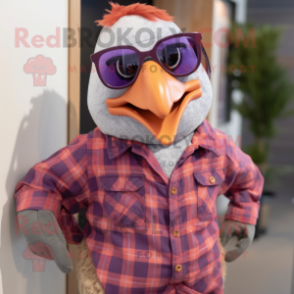 Lavender Pheasant mascot costume character dressed with a Flannel Shirt and Sunglasses