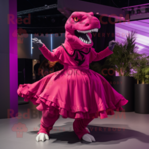 Magenta T Rex mascot costume character dressed with a Circle Skirt and Hairpins