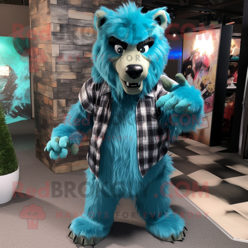 Turquoise Werewolf mascot costume character dressed with a Flannel Shirt and Earrings