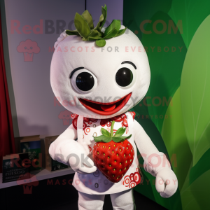 White Strawberry mascot costume character dressed with a Graphic Tee and Bracelets