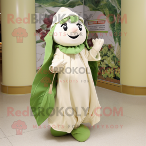 Cream Beanstalk mascot costume character dressed with a Wrap Dress and Tote bags