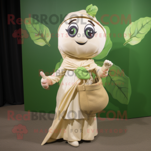 Cream Beanstalk mascot costume character dressed with a Wrap Dress and Tote bags