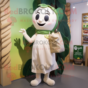 Cream Beanstalk mascot costume character dressed with a Wrap Dress and Tote bags