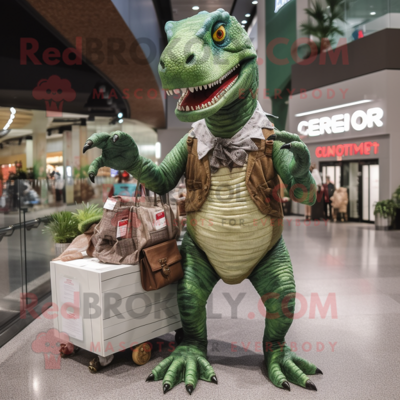 Green Allosaurus mascot costume character dressed with a Cargo Shorts and Coin purses