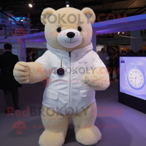 Cream Teddy Bear mascot costume character dressed with a Cover-up and Smartwatches