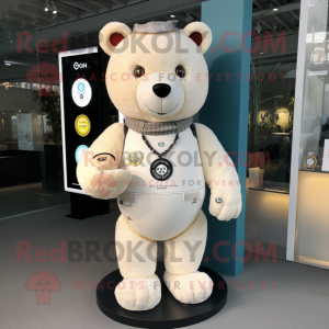 Cream Teddy Bear mascot costume character dressed with a Cover-up and Smartwatches