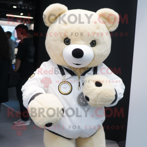 Cream Teddy Bear mascot costume character dressed with a Cover-up and Smartwatches