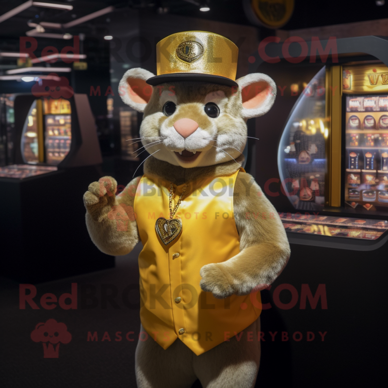 Gold Rat mascot costume character dressed with a Tank Top and Hat pins