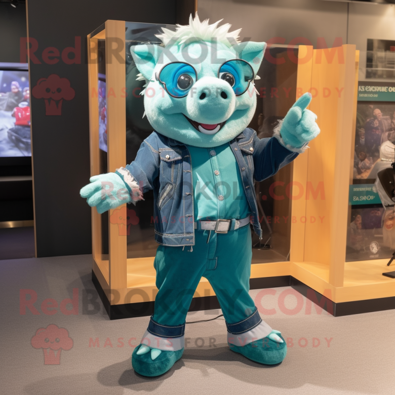 Teal Sow mascot costume character dressed with a Flare Jeans and Rings