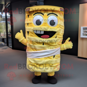 Yellow Sushi mascot costume character dressed with a Cardigan and Suspenders