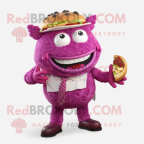 Magenta Pulled Pork Sandwich mascot costume character dressed with a Suit Pants and Wraps