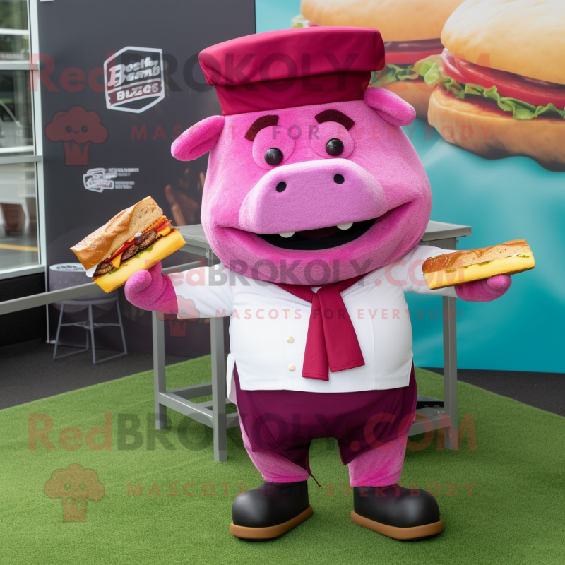Magenta Pulled Pork Sandwich mascot costume character dressed with a Suit Pants and Wraps