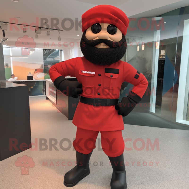 Red Commando mascot costume character dressed with a Dress Pants and Berets