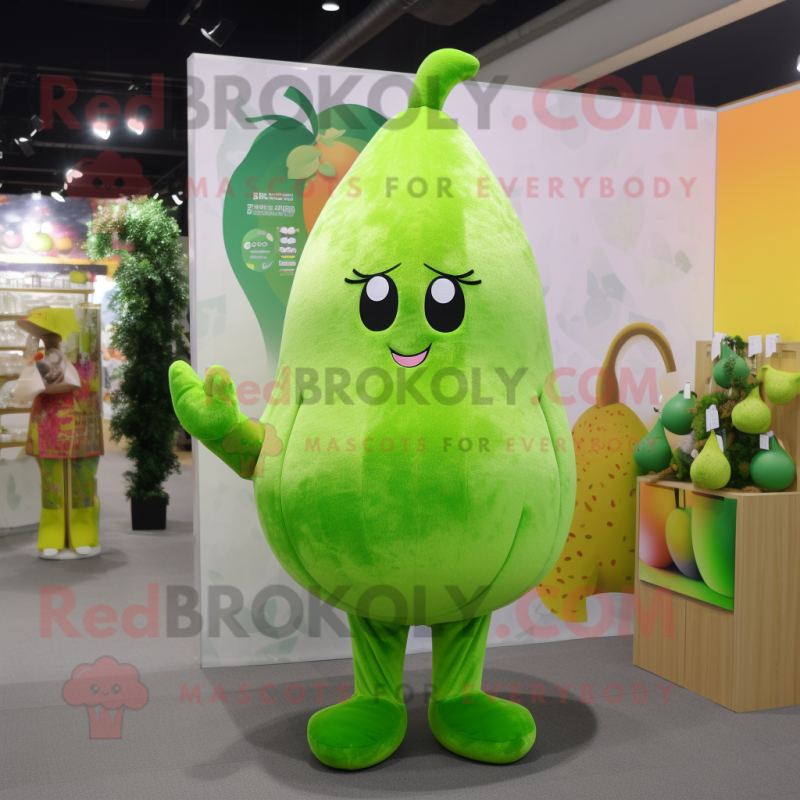 Lime Green Pear mascot costume character dressed with a Mini Dress and Keychains