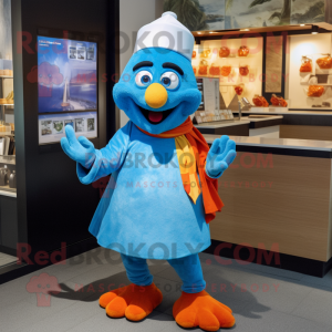 Blue Butter Chicken mascot costume character dressed with a Dress Pants and Wraps