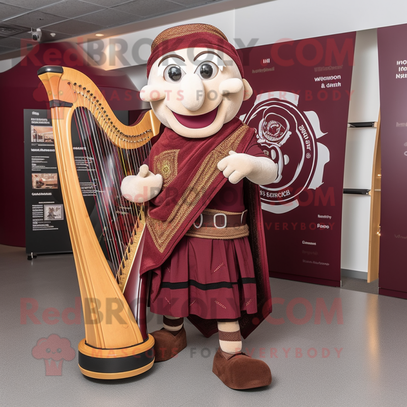 Maroon Celtic Harp mascot costume character dressed with a Tank Top and Belts