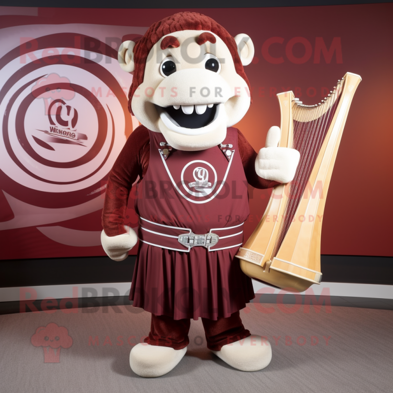 Maroon Celtic Harp mascot costume character dressed with a Tank Top and Belts