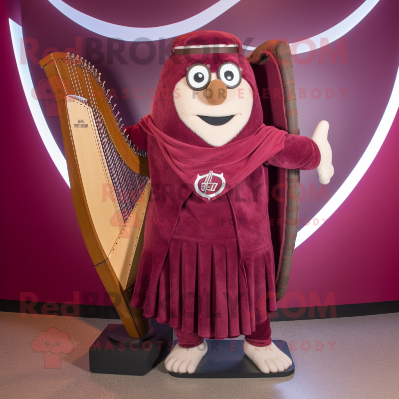 Maroon Celtic Harp mascot costume character dressed with a Tank Top and Belts