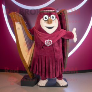 Maroon Celtic Harp mascot costume character dressed with a Tank Top and Belts