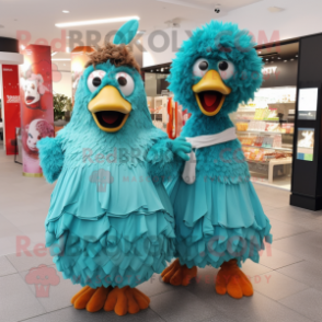 Turquoise Fried Chicken mascot costume character dressed with a Maxi Dress and Keychains