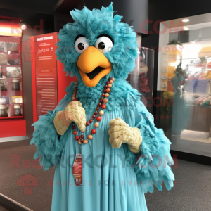 Turquoise Fried Chicken mascot costume character dressed with a Maxi Dress and Keychains