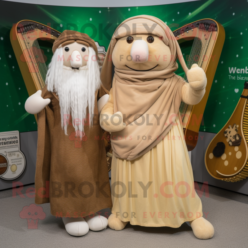 Beige Celtic Harp mascot costume character dressed with a Midi Dress and Beanies