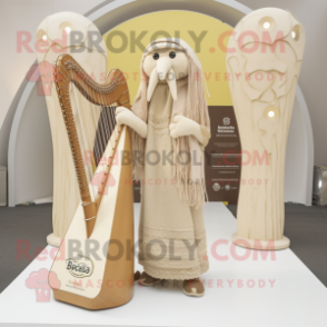 Beige Celtic Harp mascot costume character dressed with a Midi Dress and Beanies