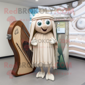 Beige Celtic Harp mascot costume character dressed with a Midi Dress and Beanies