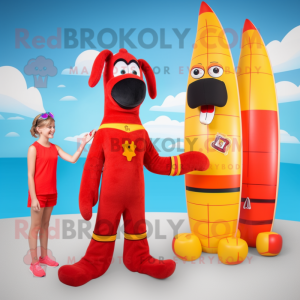 Red Hot Dogs mascot costume character dressed with a One-Piece Swimsuit and Cummerbunds