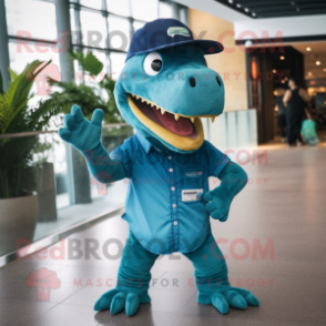 Teal T Rex mascot costume character dressed with a Denim Shorts and Hat pins