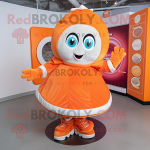 Orange Candy Box mascot costume character dressed with a Circle Skirt and Mittens