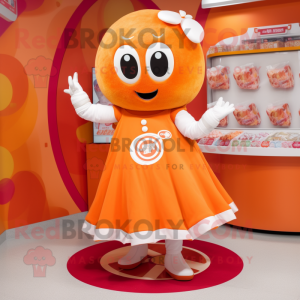Orange Candy Box mascot costume character dressed with a Circle Skirt and Mittens