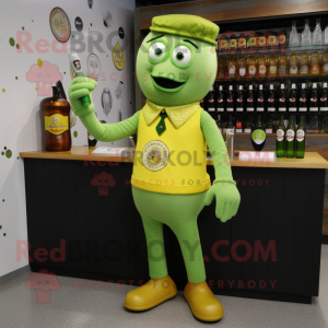 Lemon Yellow Green Beer mascot costume character dressed with a Henley Shirt and Lapel pins