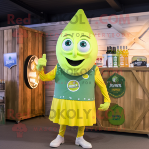 Lemon Yellow Green Beer mascot costume character dressed with a Henley Shirt and Lapel pins