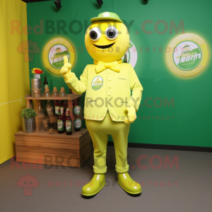 Lemon Yellow Green Beer mascot costume character dressed with a Henley Shirt and Lapel pins