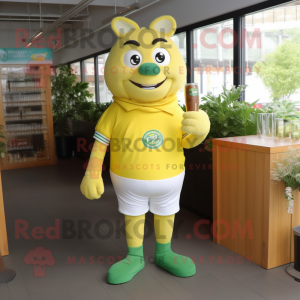 Lemon Yellow Green Beer mascot costume character dressed with a Henley Shirt and Lapel pins