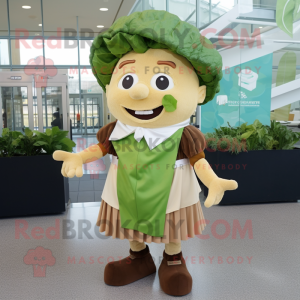 Brown Caesar Salad mascot costume character dressed with a Shift Dress and Bow ties