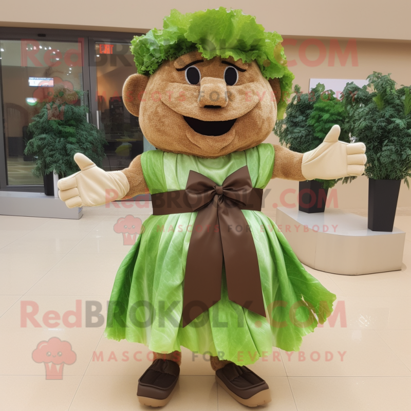 Brown Caesar Salad mascot costume character dressed with a Shift Dress and Bow ties