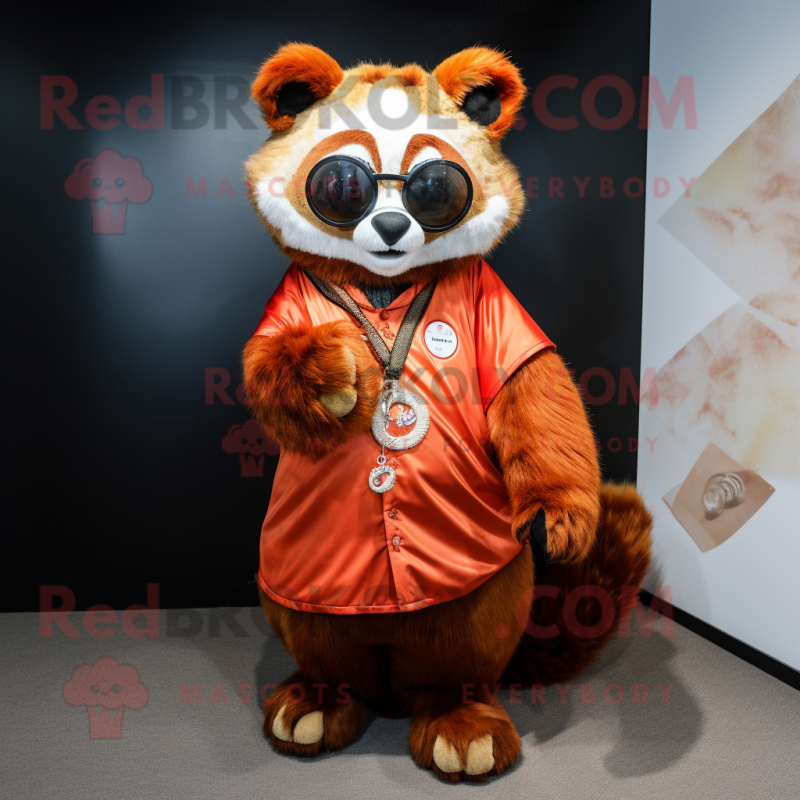 Gold Red Panda mascot costume character dressed with a A-Line Dress and Eyeglasses